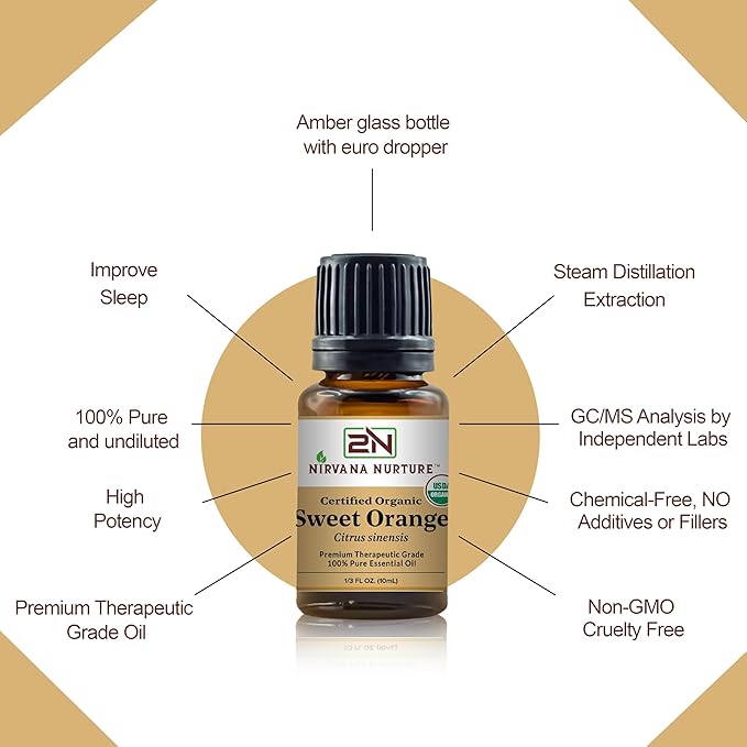 Nirvana Nurture Sweet Orange Essential Oil, USDA Certified Organic, 100% Pure Undiluted, Aromatherapy Oil for Diffuser, Hair & Skin Care