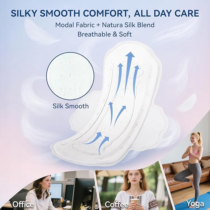 MODAL Silk-Ultra Thin Pads for Women, Real Mulberry Silk, Large, 12 ct