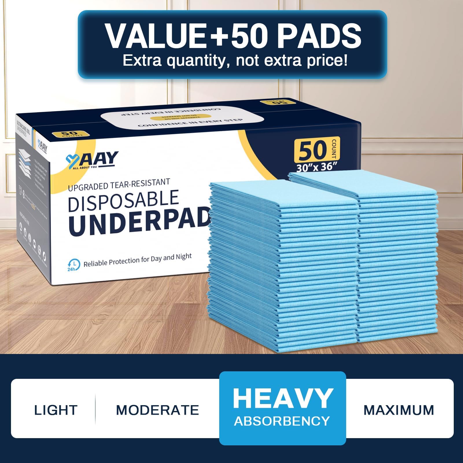 AAY Disposable Bed Pads 30"X36" 50pcs, Tear-Resistant Underpads