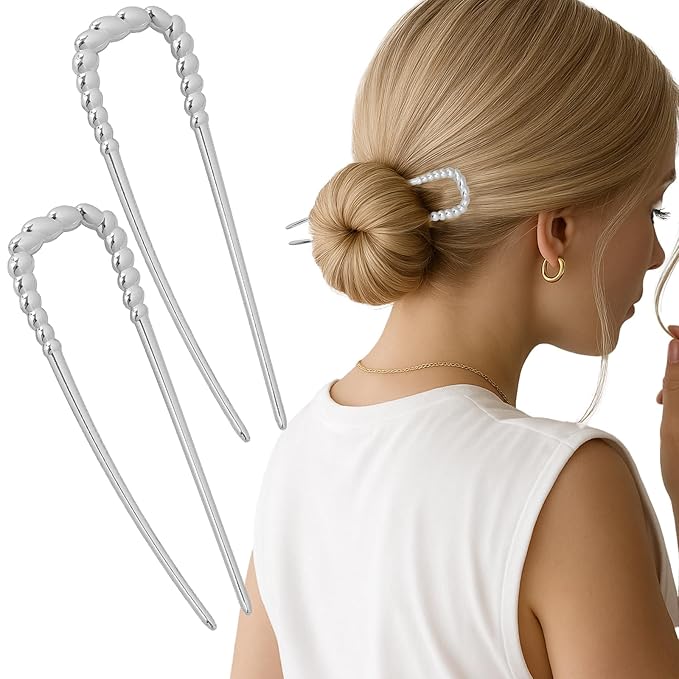 JIRIS 2PCS 5.5Inch French Hair Pins Large U-Shaped Pins for Women and Girls Fashion Metal Hair Pin French Twist Hair Pins for Buns, Updos,Stylish and Functional(set4-silver)