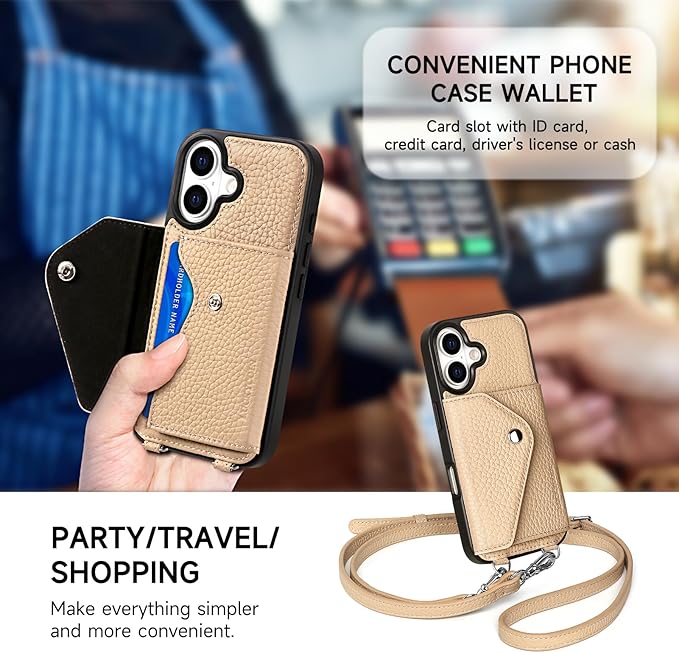 LUCKYCOIN Crossbody Phone Case for iPhone 17,100% Genuine Leather Phone Wallet Case for Women, Fashion Premium Hands-Free Phone Purse with Expandable Flip Card Holder & Adjustable Strap - Pebble Beige