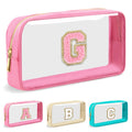 Personalized Initial Letter Clear Makeup Bag,Preppy Small Nylon&PVC Cosmetic Zipper Bag with Chenille Letter,Portable Beach Travel Skincare Toiletry Bag,Trendy Monogram Gift for Teen Girls Women,G