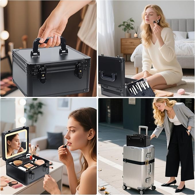 Yenovia Travel Makeup Case with Lighted LED Mirror – Waterproof Cosmetic Organizer with Adjustable Dividers, Portable Makeup Train Case for Women, Black