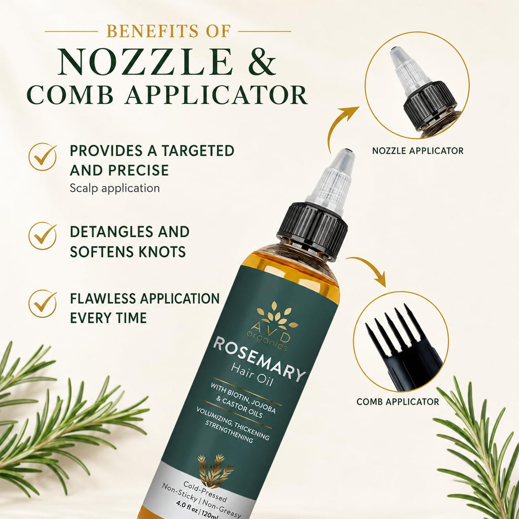AVD ORGANICS Rosemary Oil for Hair Growth & scalp | Infused with Biotin | Hair Strengthening, Nourishing and Volumizing | infused with Jojoba & Castor Oil | NON - GMO 120ml