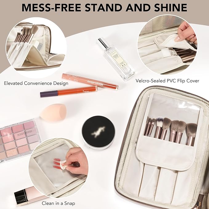 HauteHues Travel Makeup Bag Women's Large Capacity Cosmetic Portable Organizer Large Opening Waterproof Storage Toiletry Bags Vertical Free-Standing Brush Holder for Easy Access Copper