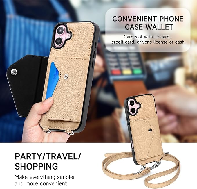 LUCKYCOIN Crossbody Phone Case for iPhone 16 Plus,100% Genuine Leather Phone Wallet Case for Women, Premium Hands-Free Phone Purse with Expandable Flip Card Holder & Adjustable Strap - Pebble Beige