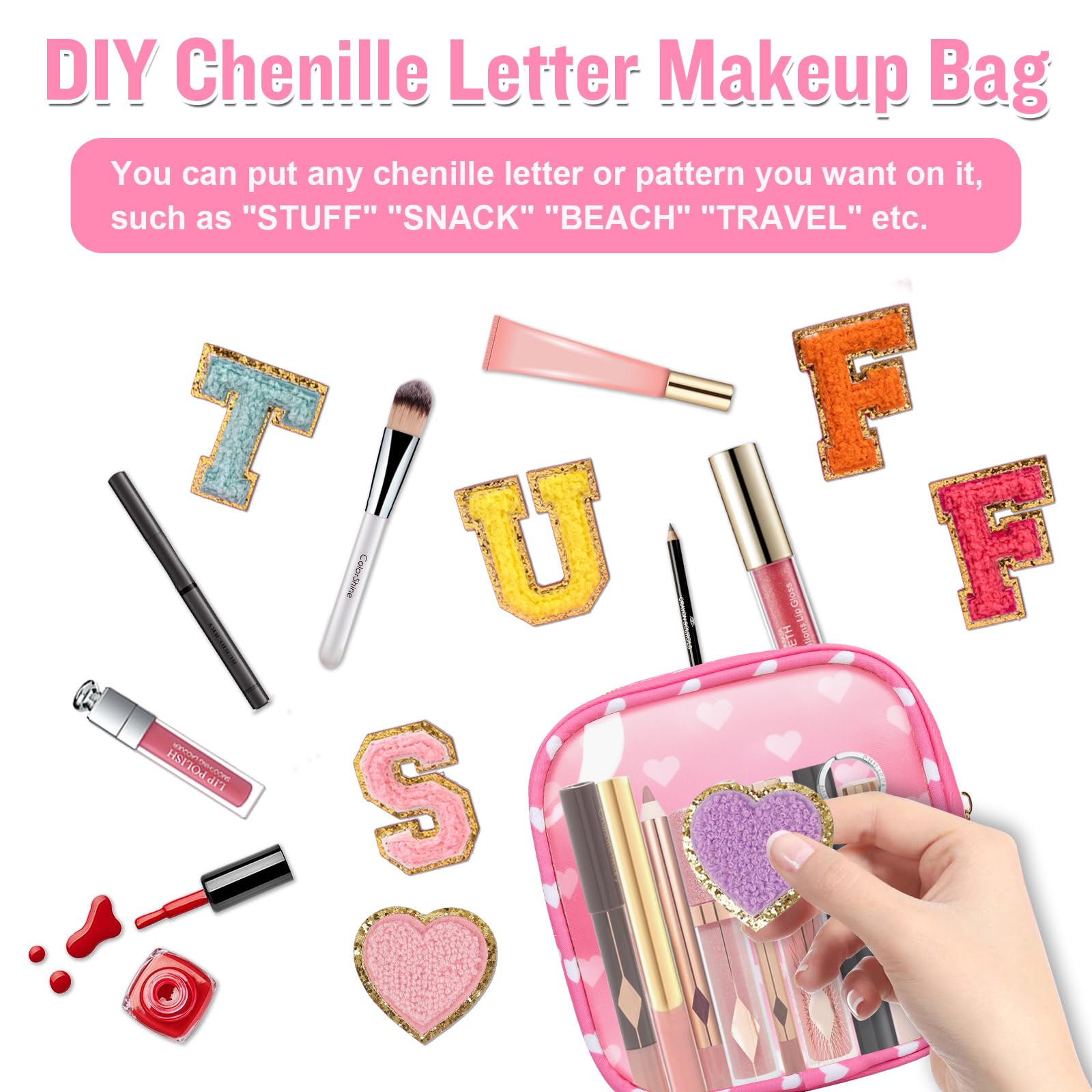 Mini Clear Travel Makeup Organizer Bag for Purse, Samll Cute Preppy Pink Makeup Bag Cosmetic Zipper Pouch Purse, Transparent PVC & Nylon Waterproof Toiletry Storage Clutch for Women Girls(Pink Heart)