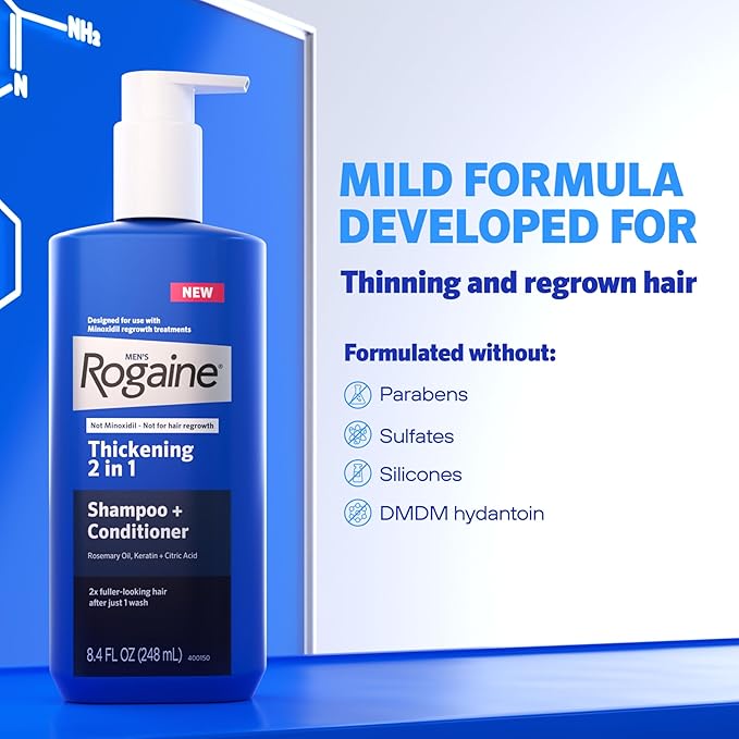 Rogaine Men's Thickening 2 in 1 Shampoo + Conditioner, Hair Thickening Shampoo & Conditioner with Rosemary Oil, Keratin & Citric Acid Leaves Hair Visibly Thicker, Not Minoxidil, 8.4 fl. oz
