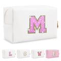 Personalized Makeup Bag Initial A-Z Preppy Patch Bag,Small PU Leather Travel Cosmetic Bag Pouch with Zipper,White Cute Toiletry Bag,Gift Ideal for Teen Girls Women Birthday Friend Mom,Letter M