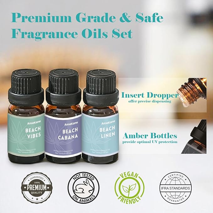 AmaKane Beach Fragrance Oils Set, Summer Essential Oils for Diffuser, Fragrance Oil for Candle Making, Soap Making Scents, Diffuser Oil Scents 6x10ml