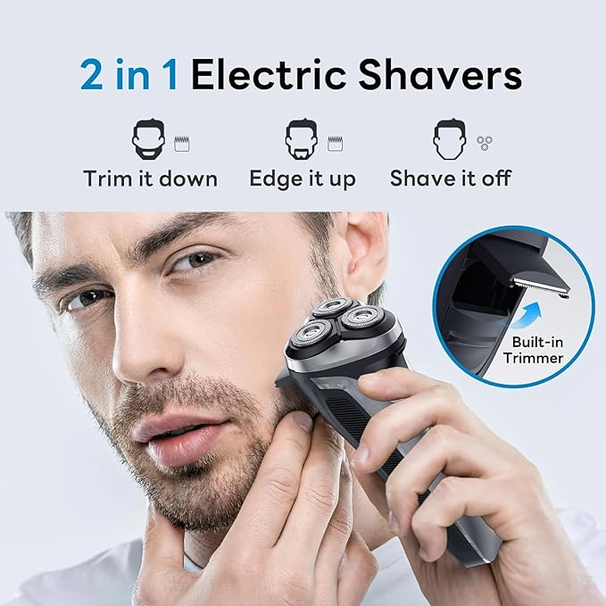 DOAO Electric Razor for Men, 100% Waterproof, Gentle on Sensitive Skin, Wet & Dry Rotary Electric Shavers for Men, Pop-up Beard Trimmer, 120 Min Shaving, 1.5H Fast Charge, Ergonomic Men's Shaver