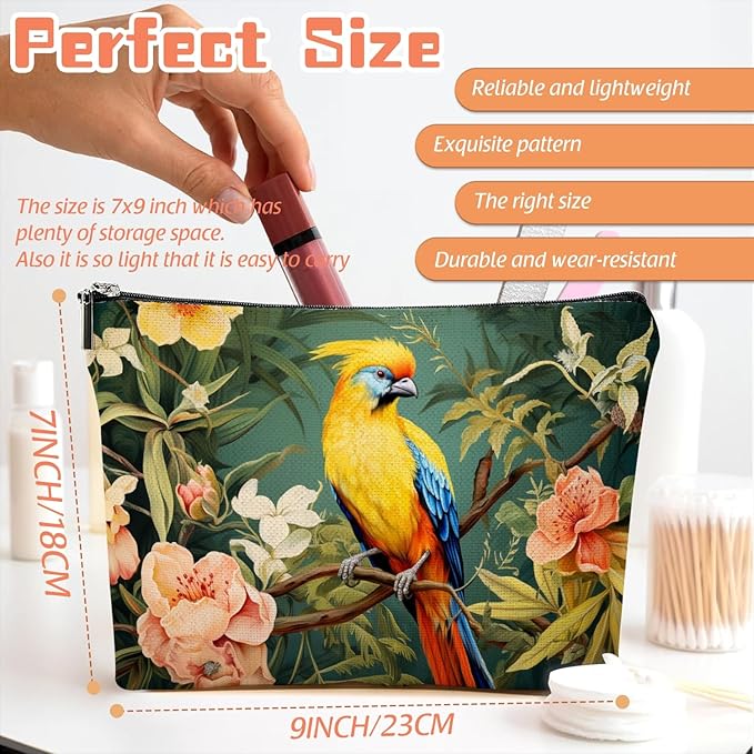 Scribesense Makeup Bag Travel Cosmetic Bags Small Makeup Case Waterproof Zipper Pouch for Women Girls 7X9inches - Colorful Bird on A Branch with Tropical Flowers