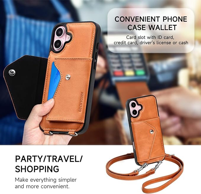 LUCKYCOIN Crossbody Phone Case for iPhone 16 Plus,100% Genuine Leather Phone Wallet Case for Women, Premium Hands-Free Phone Purse with Expandable Flip Card Holder & Adjustable Strap - Retro Brown