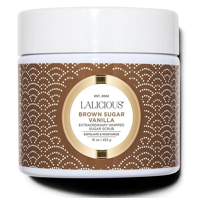 LALICIOUS Brown Sugar Vanilla Exfoliating & Moisturizing Body Scrub | Coconut Oil | Pre-Shave Scrub for Ingrown Hairs & Razor Bumps | Gently Buffs & Smooths Sensitive Skin | No Parabens Large 16oz
