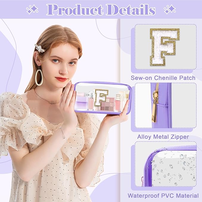 UIXIZQ Personalized Initial Letter Clear Makeup Bag,Preppy Small Nylon&PVC Cosmetic Zipper Bag with Chenille Letter,Travel Skincare Toiletry Bag,Monogram Christmas Gift for Teen Girls Women,F