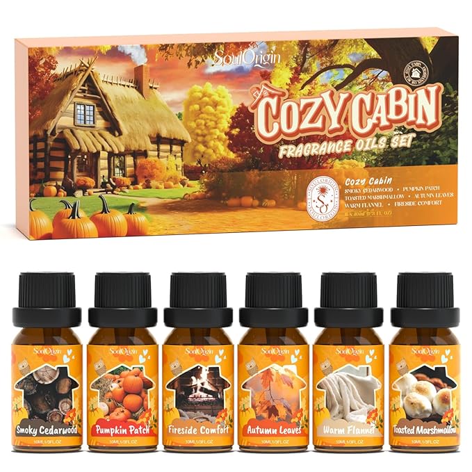 Soulorigin Fall Cozy Cabin Fragrance Oils Set, Essential Oil for Diffuser, Use for Soap Candle Making-Smoky Cedar Wood, Roasted Marshmallows, Autumn Leaves, Warm Flannel, Fireplace Time, Pumpkin Patch