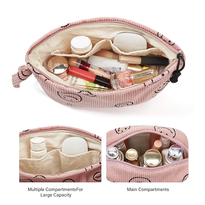 ZOEMTIU Makeup bag set small Cosmetic bag for women purse Corduroy Organizer with interior Pockets,cute Pencil zipper Pouch travel Toiletry Bag with handle((Strawberry Pink)