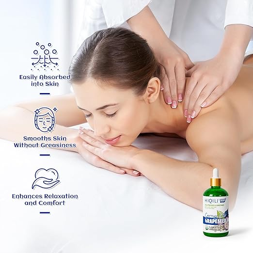 HIQILI Organic Grapeseed Oil Cold Pressed for Skin, Hair & Skin Care