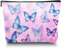 Scribesense Makeup Bag Travel Cosmetic Bags Small Makeup Case Waterproof Zipper Pouch for Women Girls 7X9inches - Blue And Purple Butterflies on A Pink Background