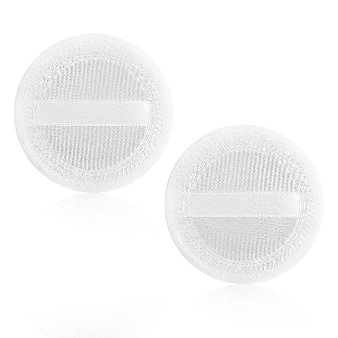 Sibba Powder-Puff 2PCS Cotton Cosmetic Face Makeup Velour Powder Pads with Ribbon for Loose and Foundation Round White Dry Puff Suitable for Eyeshadow Blush Concealer and etc.