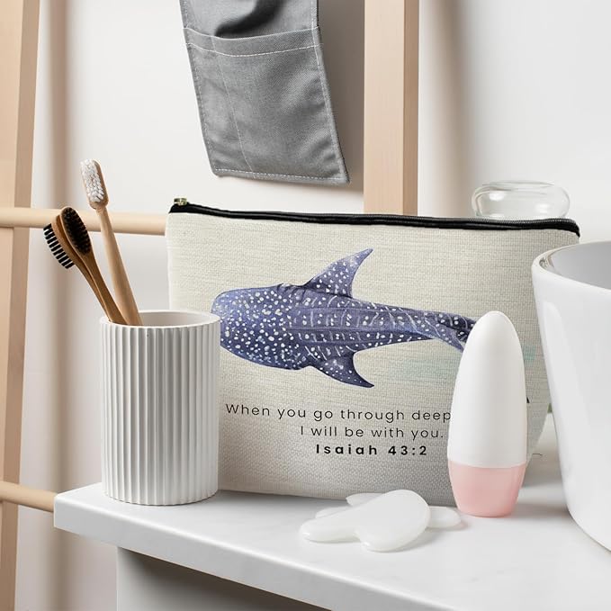 RYYCDOI Whale Shark Christian Makeup Bag Pouch, Christian Shark Gifts for Women, Bible Verse Gifts Isaiah 43:2, When you go through deep waters I will be with you