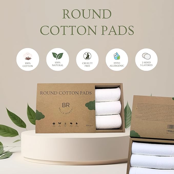 Bella Romani Certified Organic Cotton Rounds (300 Count) Makeup Remover Pads, Hypoallergenic, Lint-Free | 100% Pure Cotton