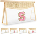 Small Boho Straw Initial Letter Makeup Bag Personalized Gift,Cute Clear Chenille Patch Makeup Bag With Zipper,Trendy TSA Approved Travel Toiletry Bag,Gift for Women Girls Birthday Friend, Letter S
