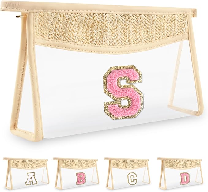 Small Boho Straw Initial Letter Makeup Bag Personalized Gift,Cute Clear Chenille Patch Makeup Bag With Zipper,Trendy TSA Approved Travel Toiletry Bag,Gift for Women Girls Birthday Friend, Letter S
