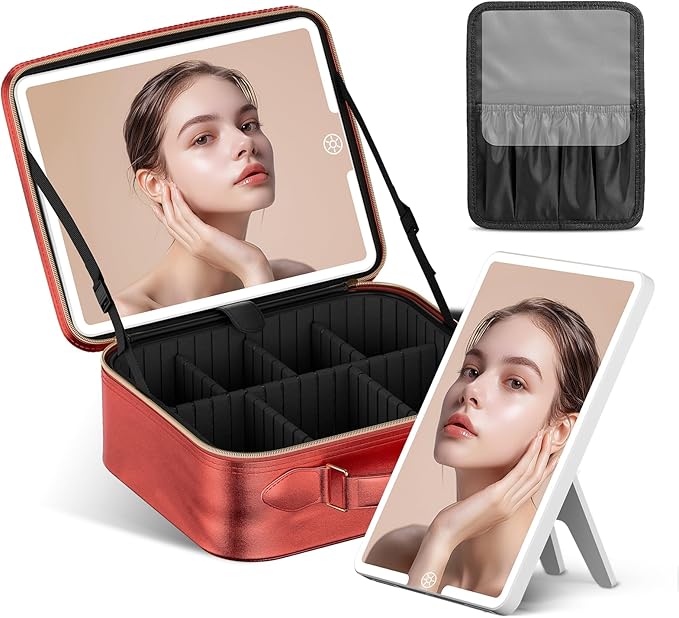 JUSRON Portable Makeup Artist Organizer Bag with Adjustable Dividers, Makeup Brush Holder Storage (Red, Medium)