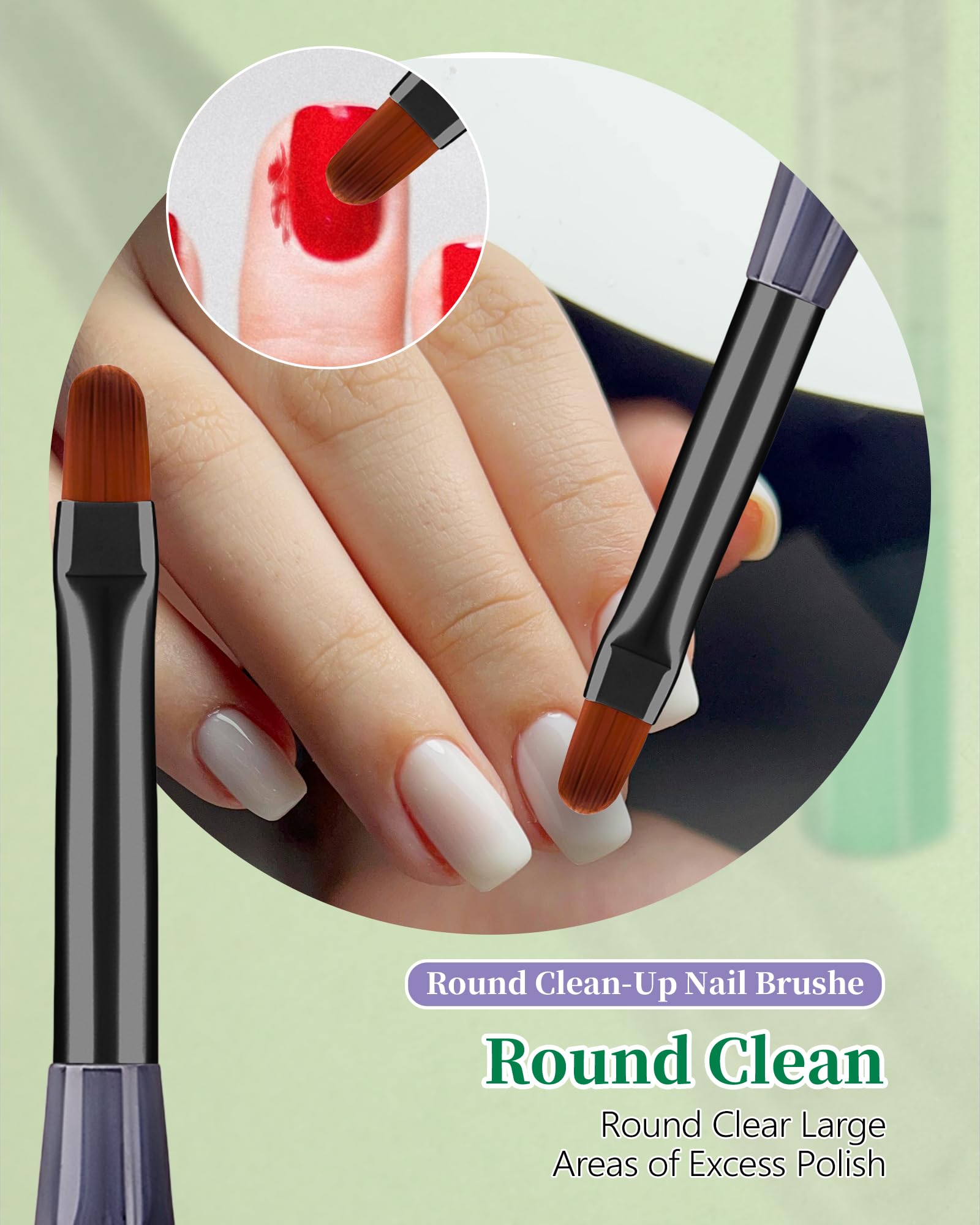 AMilHiTon 3PCS Nail Polish Clean Up Brush, Round/Flat/Angled, Gilded Green