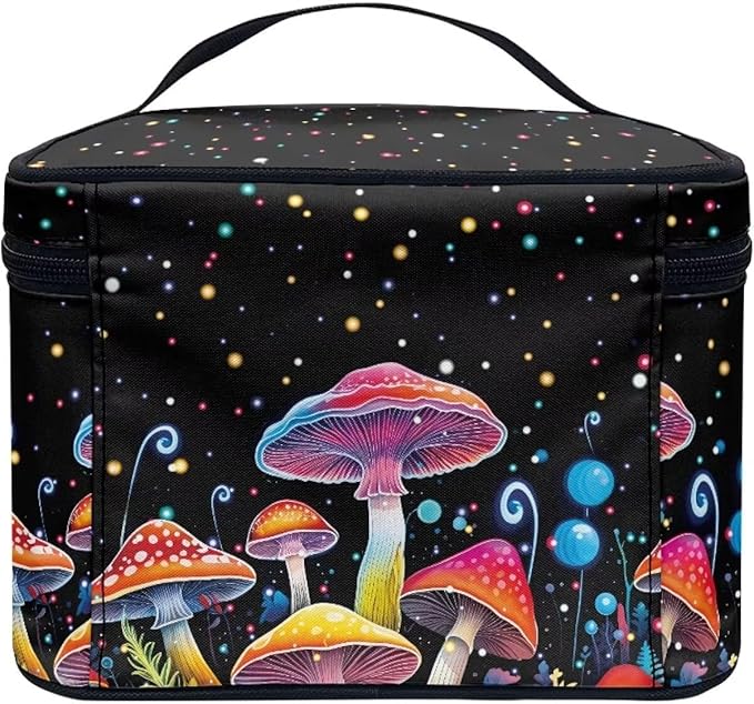 Drydeepin Colorful Mushrooms Pattern Makeup Bag Travel Cosmetic Bag with Zipper and Handle Portable Large Capacity Toiletry Case for Women Ladies Travel Accessories