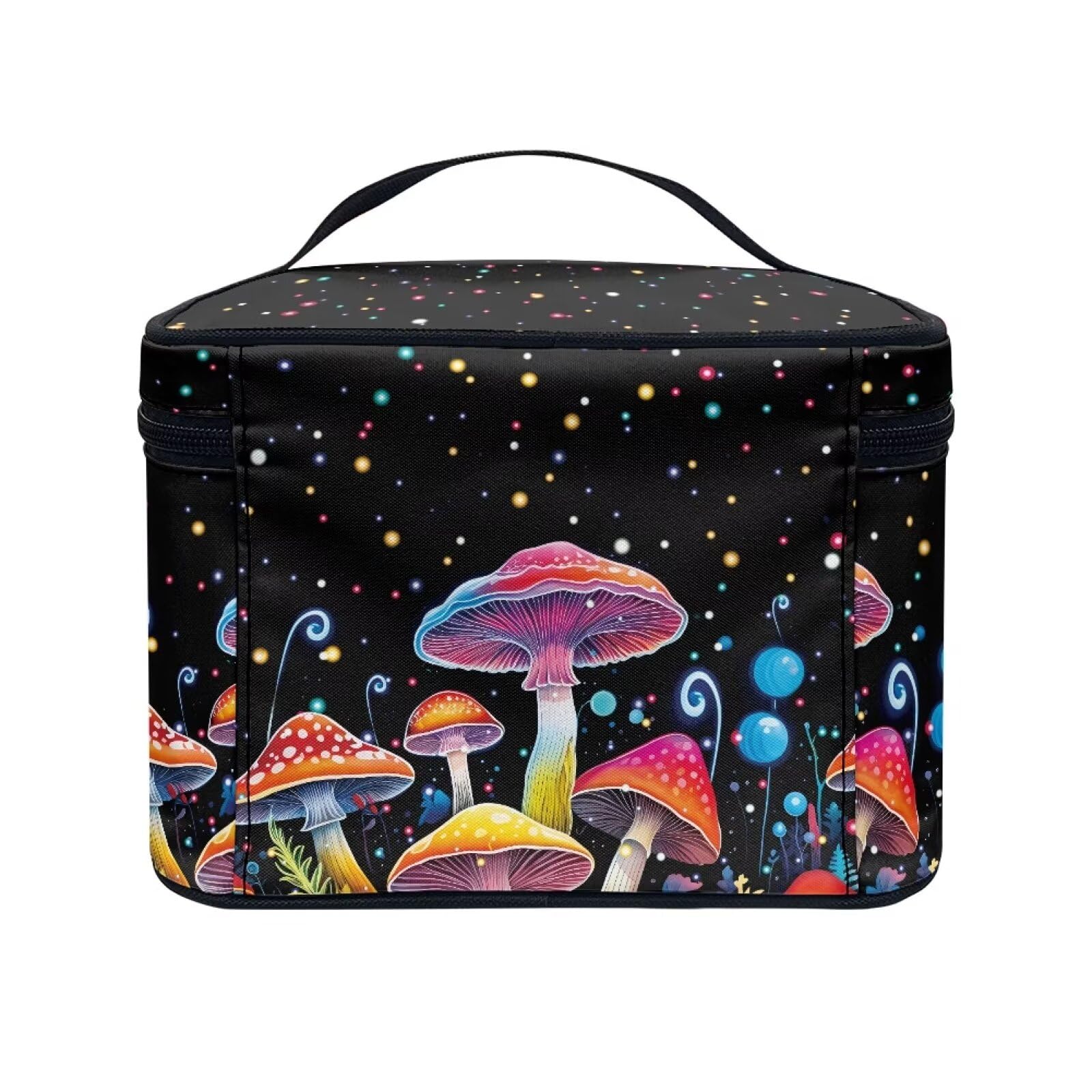 Drydeepin Colorful Mushrooms Pattern Makeup Bag Travel Cosmetic Bag with Zipper and Handle Portable Large Capacity Toiletry Case for Women Ladies Travel Accessories