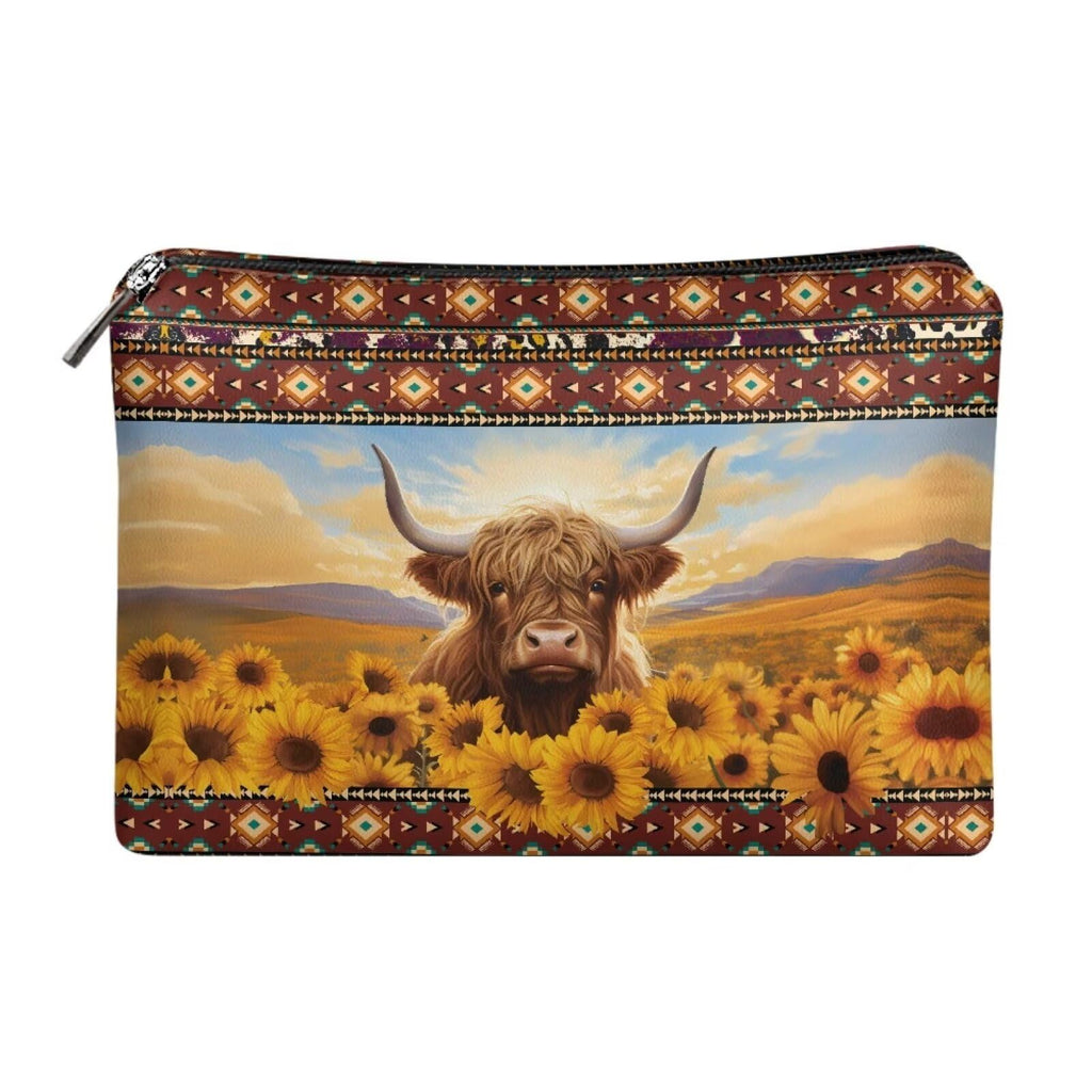 COEQINE Sunflower Purse Leather Cosmetic Wallet for Women Western Party Bag Elehant Cosmetic Pouch With Zipper Cute Highland Cow Purses Cosmetic Wallet for Travel Birthday Party