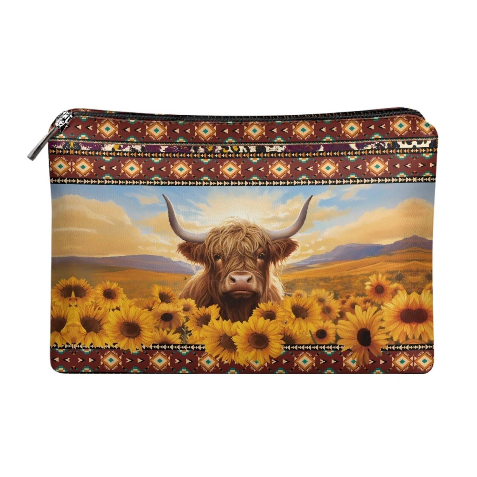 COEQINE Sunflower Purse Leather Cosmetic Wallet for Women Western Party Bag Elehant Cosmetic Pouch With Zipper Cute Highland Cow Purses Cosmetic Wallet for Travel Birthday Party