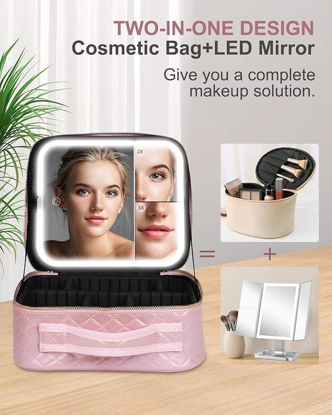 MAYFIY Makeup Bag with LED Lighted Mirror| Portable Makeup Organizer Train Case with 2X/3X Magnification & 3 Color Lights for Precision, Adjustable Brightness| Elegant Gift Packaging, Pink