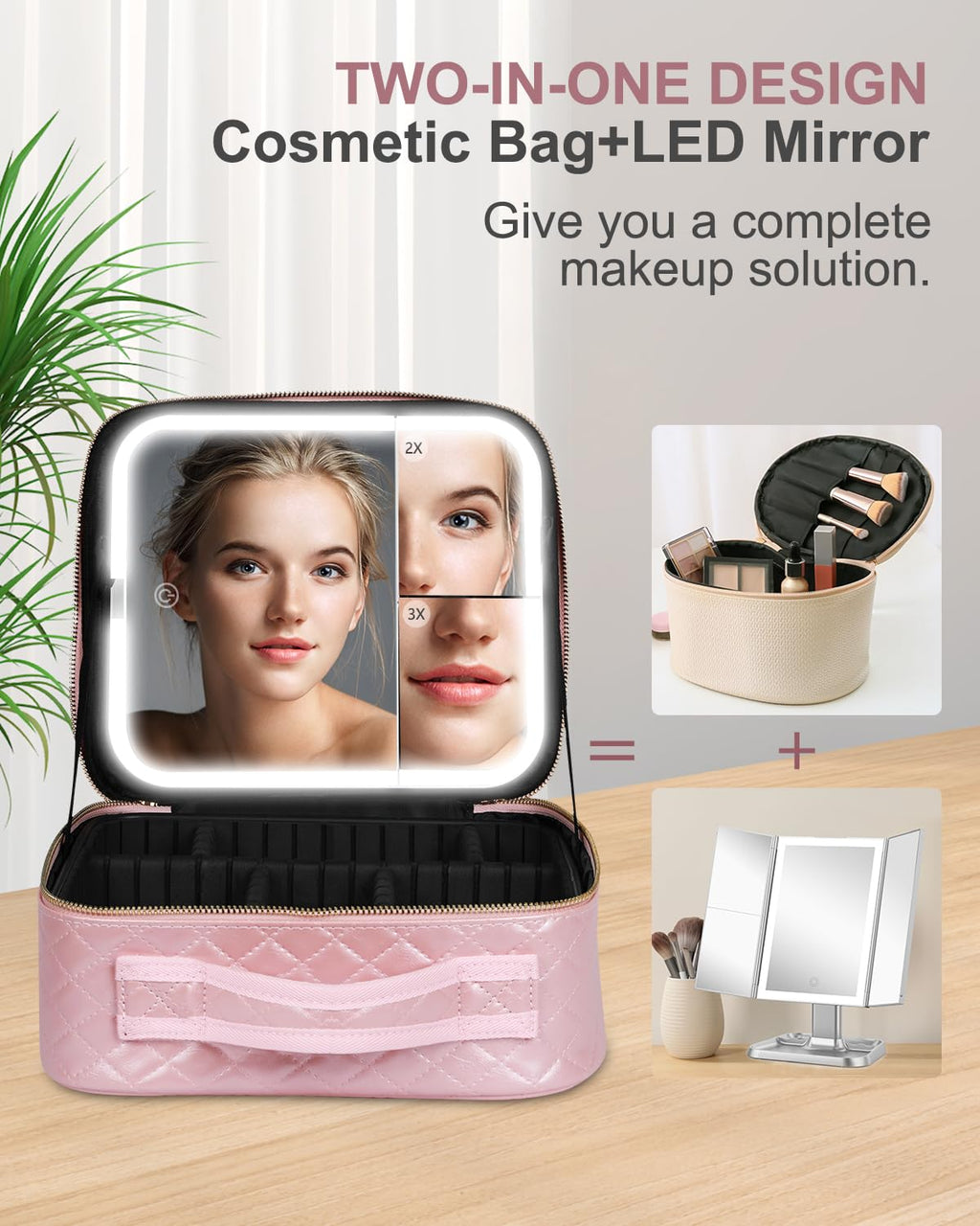 MAYFIY Makeup Bag with LED Lighted Mirror| Portable Makeup Organizer Train Case with 2X/3X Magnification & 3 Color Lights for Precision, Adjustable Brightness| Elegant Gift Packaging, Pink