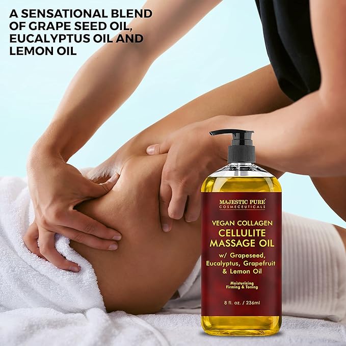 Majestic Pure Cellulite Massage Oil for Massage Therapy- Refreshing and Relaxing- Natural Oils with Grapeseed, Eucalyptus & Lemon Oil- All Skin Types- Men and Women Massage Lotion- 8 fl oz (Pack of 2)
