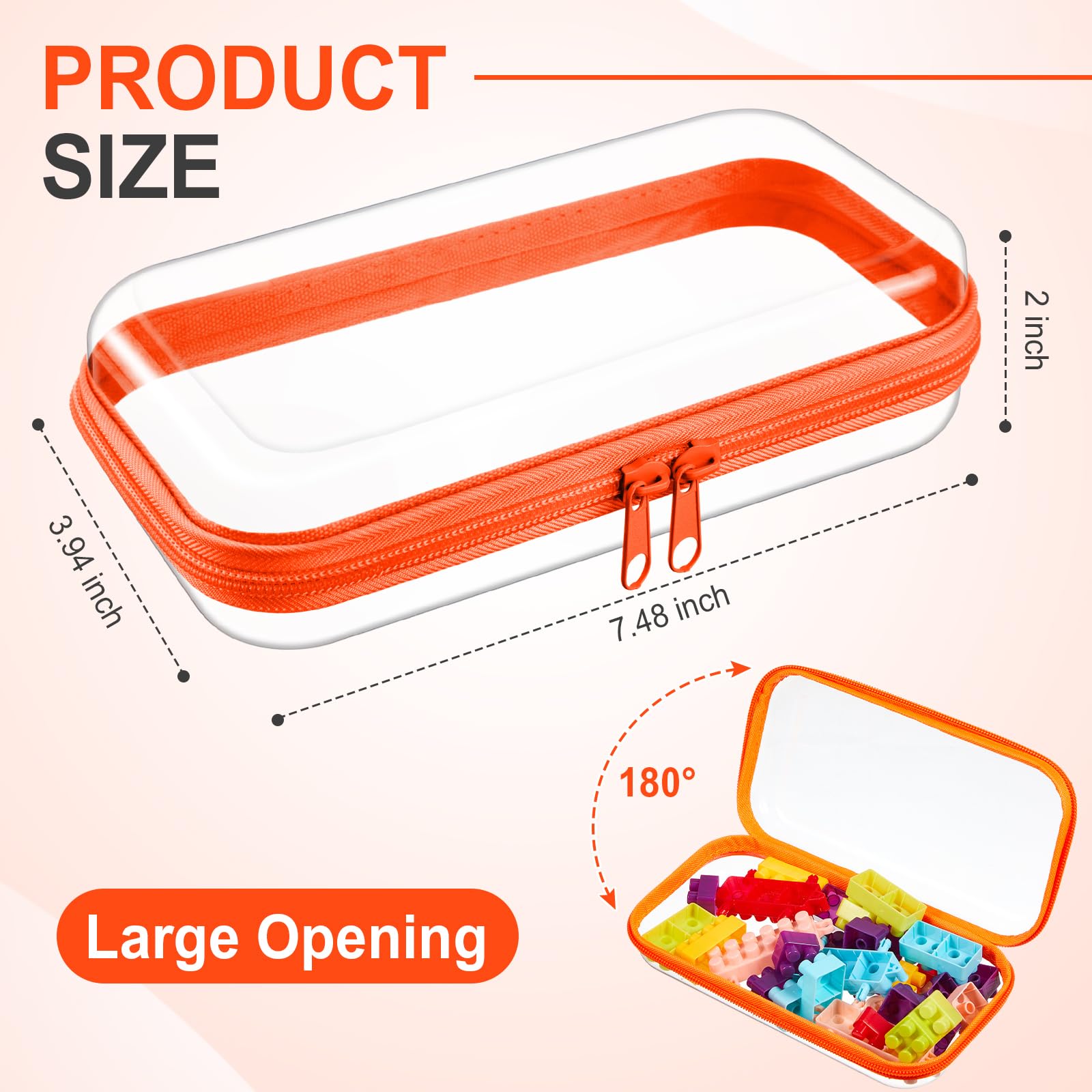 Hoolerry 4 Pcs Hard Clear Zipper Case Makeup Bags Plastic Zipper Pouch Transparent Storage Box Containers for Cosmetics, Snacks, Building Blocks, Puzzles(Clear,7.5 x 3.9 x 2 in,Fluorescent)