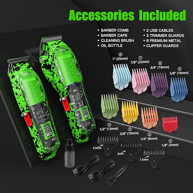 Tuanchuanrp Professional Hair Clippers for Men, Cordless Barber kit for Hair Cutting & Grooming, Hair Clippers and Trimmer Set for Barber Haircut with LED Display, 8 Fade Taper Combs(Green Set)