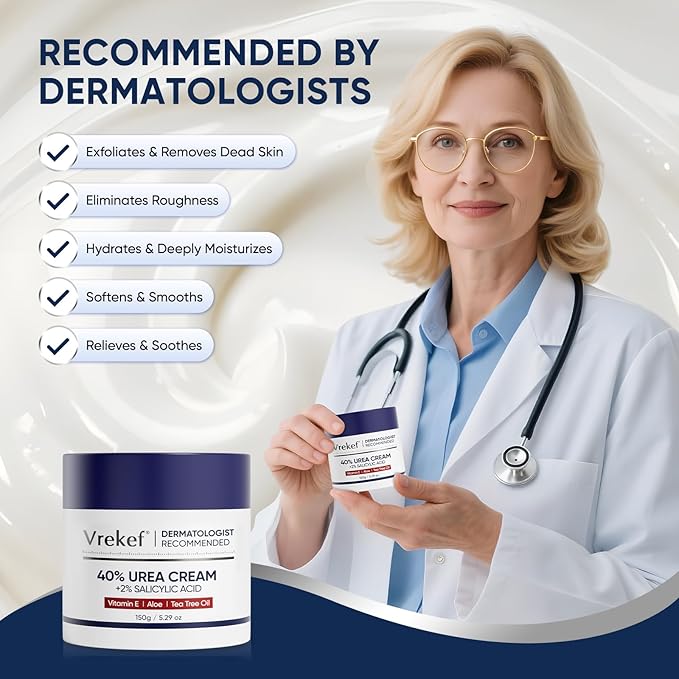 VREKEF Urea Cream 40 Percent with 2 Percent Salicylic Acid, Foot & Hand Cream for Dry Cracked Heels, Callus Softener for Feet, Exfoliating Foot Cream for Rough Thick Skin, 5.29 oz