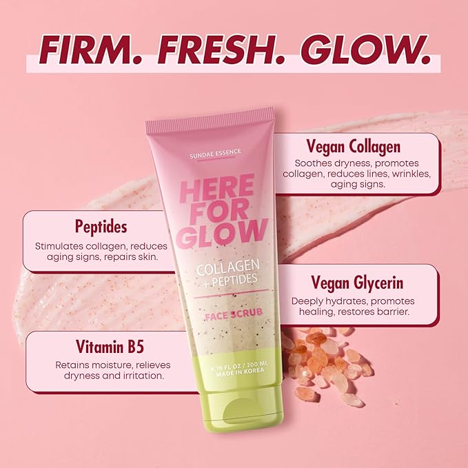 Sunday Essence Face Scrub with Collagen & Peptides – Gentle Exfoliating, Hydrating & Wrinkle Care – Dermatologist Tested, Korean Skin Care – Cruelty-Free, Vegan, Clean Beauty – 6.76 Fl Oz