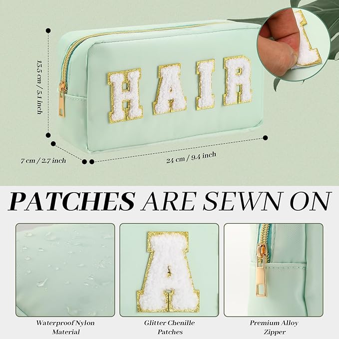 Cunno Preppy Makeup Bags Chenille Letter Stuff Bag Nylon Cosmetic Pouch Cases with Zipper for Women Travel Toiletry(Mint Color,Classic,4 Pcs)