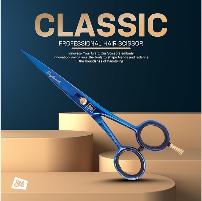 Stylonik Hair Cutting Scissors-Professional Hairdressing Scissors for Women,Men,Hair Stylists,Salon,Barber- 6.5-Inch Stainless Steel Hair Scissors with Finger Rest (Classic Scissor Blue Titanium)