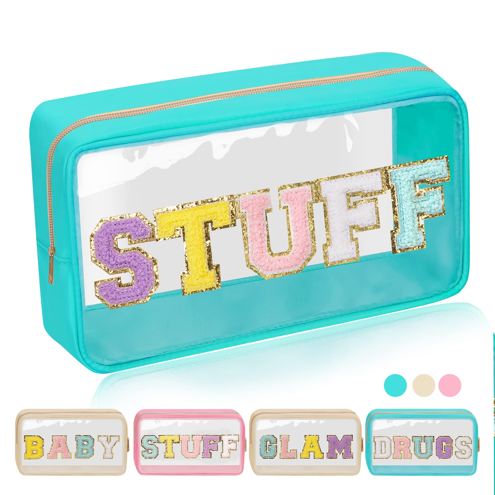 Iqimott Clear Patch Makeup Bag Stuff Pouch, Preppy Personalized Chenille Letter Cosmetic Pouch for Travel, Nylon Waterproof Organizer Travel Essentials Zipper Toiletry Bags for Women Girls(Green)