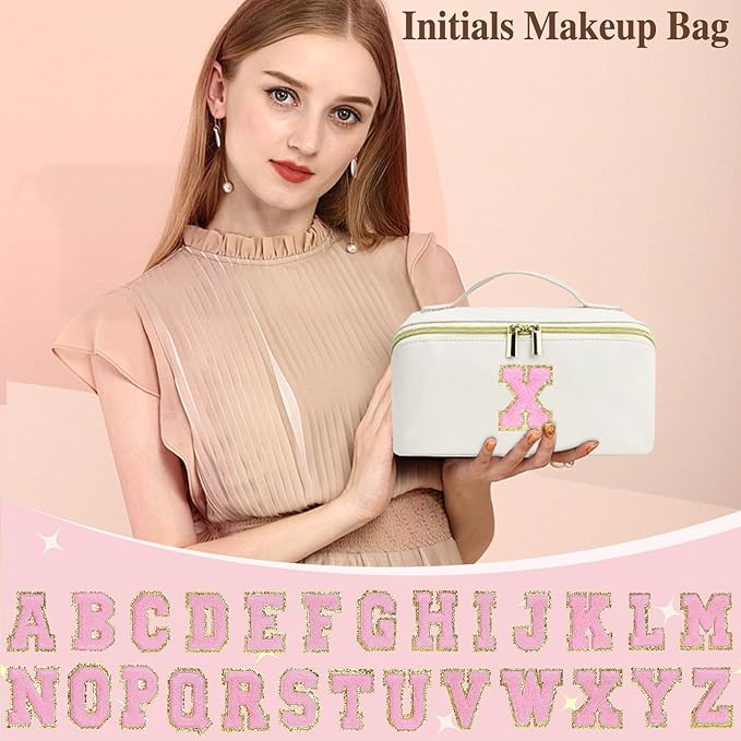 for Christmas Day Gifts, Makeup Bag for Women, PU Leather Travel Toiletry Bags, Initial Make Up Cosmetic Pouch for Teen Girls, Wide Open Portable Skincare Bag, Personalized Birthday Gifts, White Y