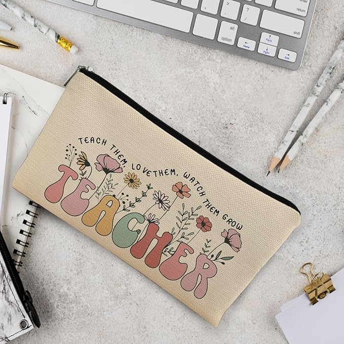 BARPERY Teacher Bag,Gifts For teacher Survival Kit,Teacher Must Haves, Retro Wildflowers Canvas Makeup Bag,Cosmetic Bag Zipper Travel Toiletry Bag