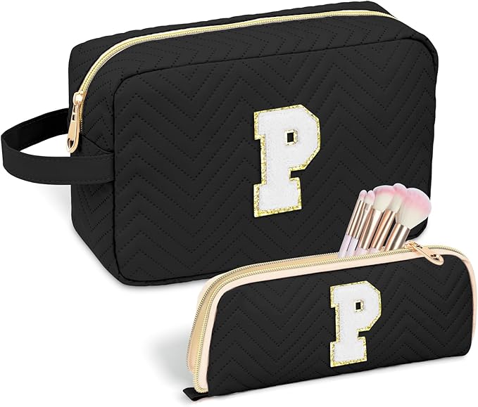 Sernaxi Personalized Initial Makeup Bag Waterproof Leather Cosmetic Bag Travel Toiletry Bag, Valentine’s Day Gift Makeup Organizer Case & Makeup Pouch for Women Teen Girls Mom Girlfriend Wife