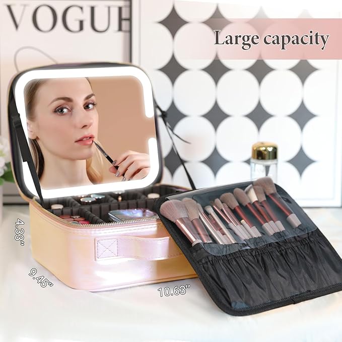 Behaesty Travel Makeup Bag with LED Lighted Mirror, Cosmetic Makeup Organizer Bag with 3 Color Setting, Makeup Train Case with Adjustable Dividers for Women Makeup Brushes Jewelry Accessories