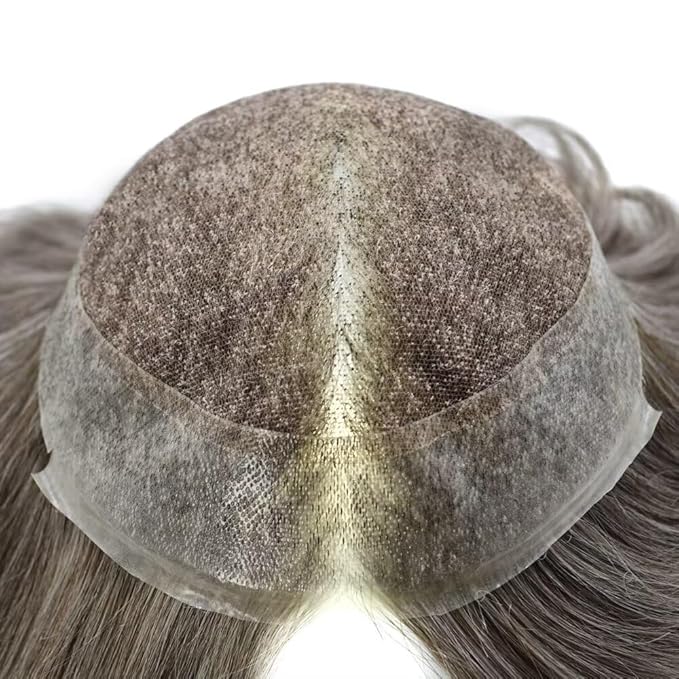 F M FACE MIRACLE NEW YORK Mens Toupee Human Hair Piece French Lace Toupee for Man Hair System Indian Human Hair Replacement Systems V-Looped PU Front Hairpieces 7"X9" #365 Dark Brown with 65% Gray