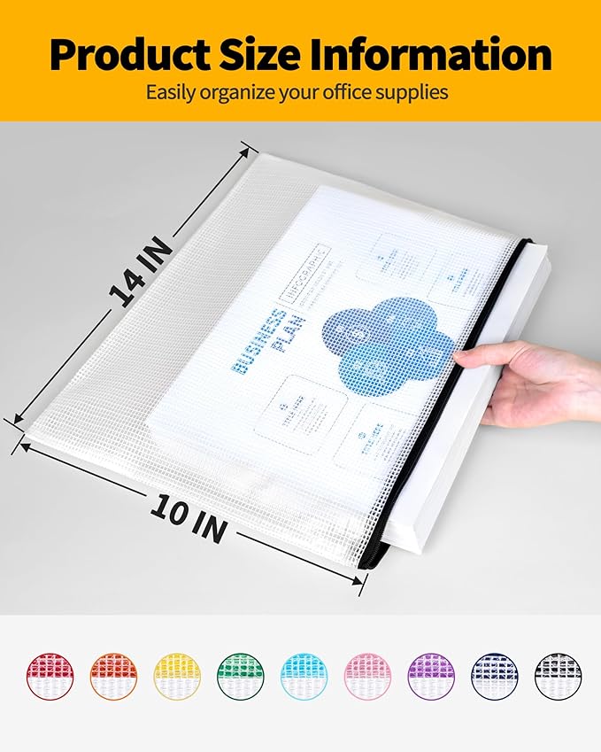 SUNEE Plastic Mesh Zipper Pouch 11x15 in (9 Colors, 18 Packs),Extra Large Water-Resistant Zip Bag for School Office Supplies, Puzzles & Games Organizing Storage